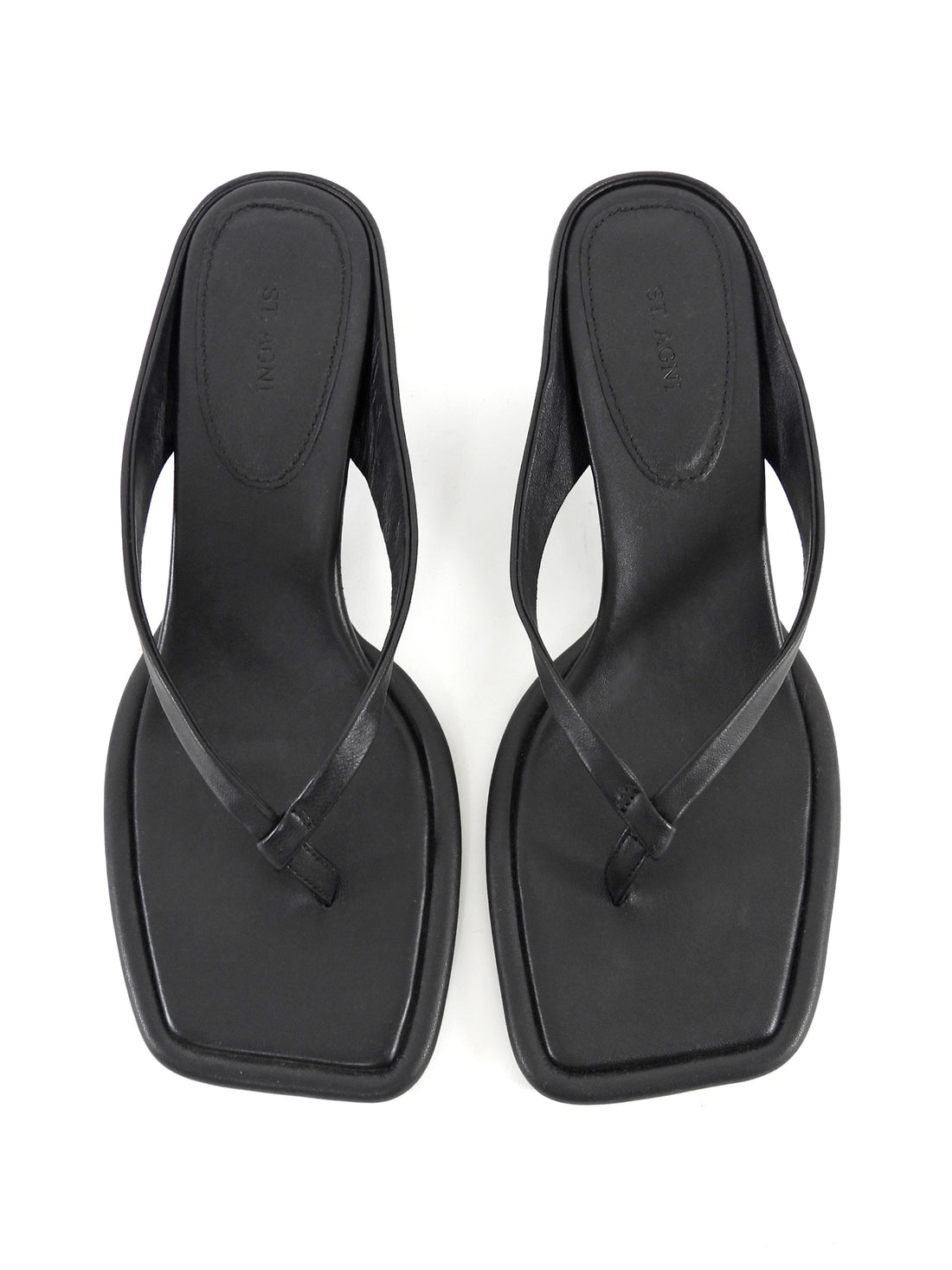 St Agni Black Leather Square Toe Mid Heel Thong Sandals - 39