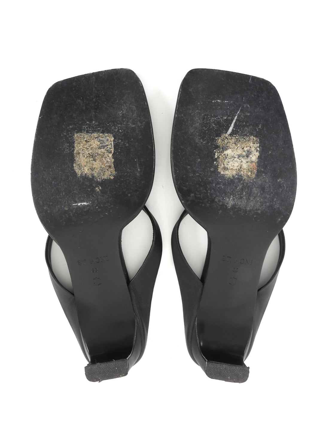 St Agni Black Leather Square Toe Mid Heel Thong Sandals - 39