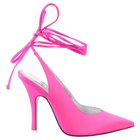 The Attico Pink Satin Venus Slingback Ankle Wrap Stiletto Pump - 36