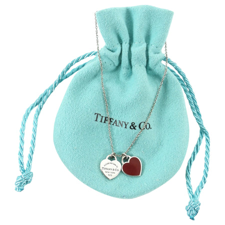 Tiffany  Co. 925 Sterling Silver Return to Tiffany Mini Double Heart Tag Red Enamel Pendant Necklace