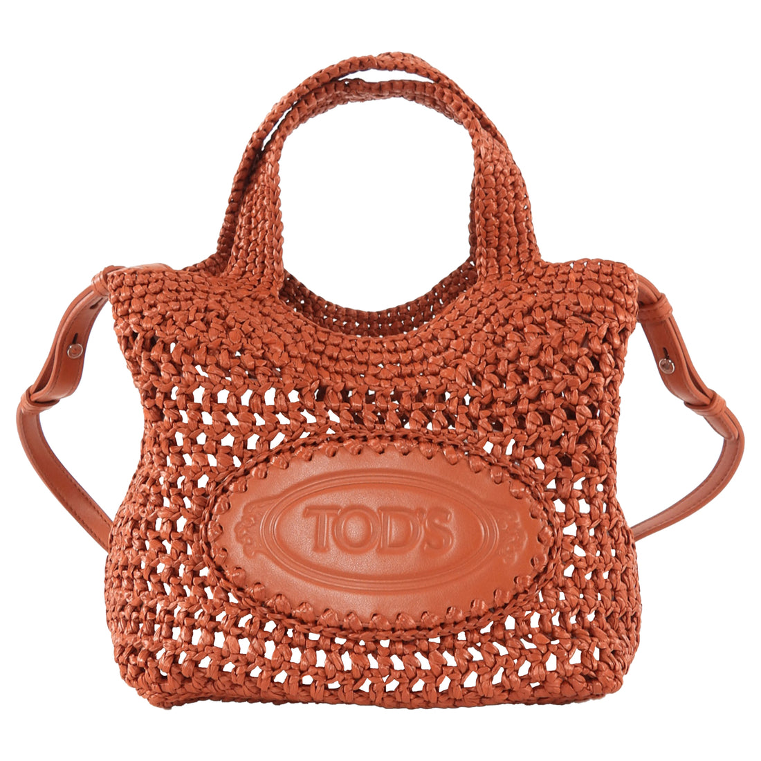 Tod's Rust Crochet Raffia Mini Manici Logo Tote Bag