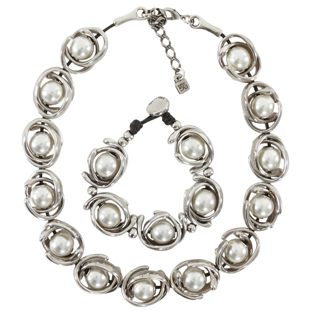 Uno de 50 Silver Double Moon Pearl Silver Plated Necklace Bracelet Set