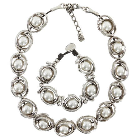 Uno de 50 Silver Double Moon Pearl Silver Plated Necklace Bracelet Set