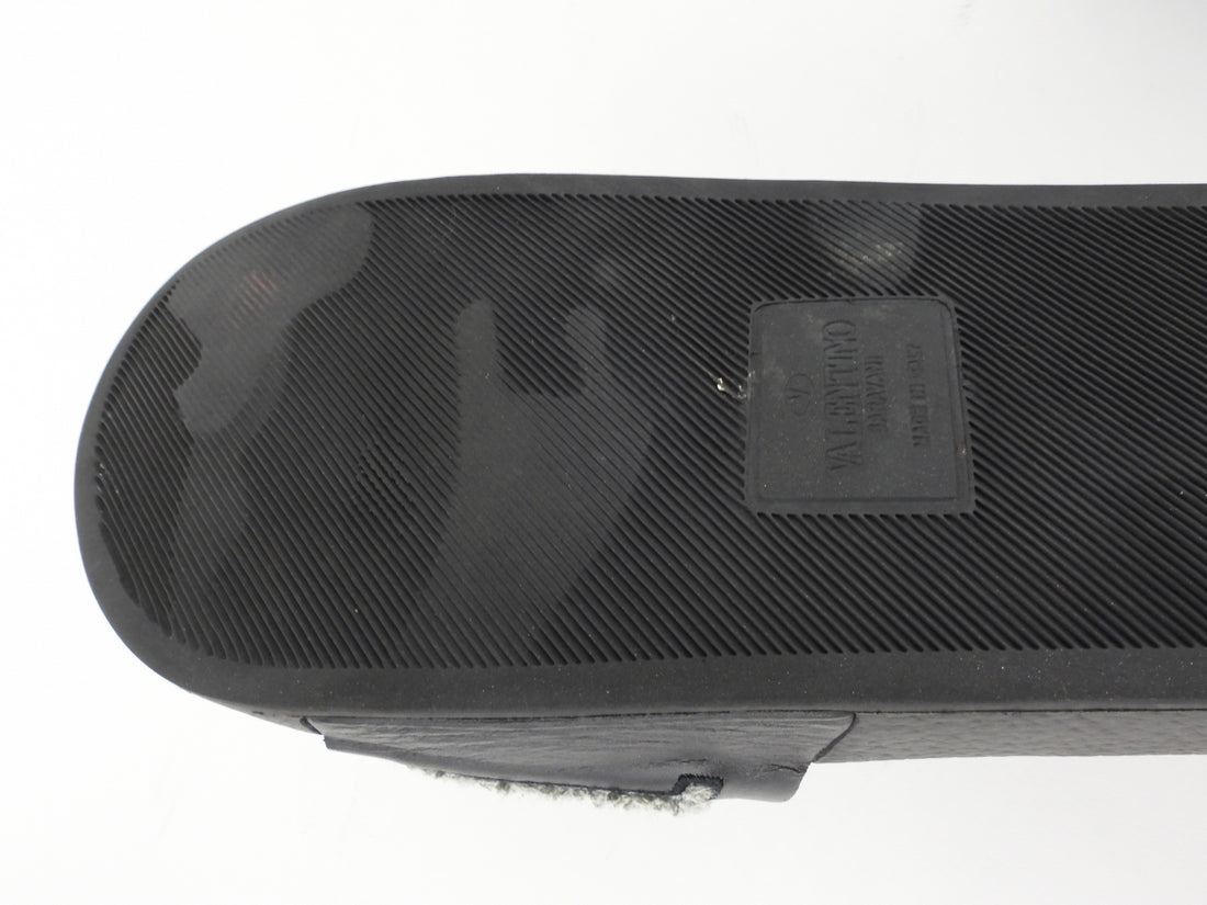 Valentino Black and Grey Flocked VLTN Logo Slide Sandal - 40