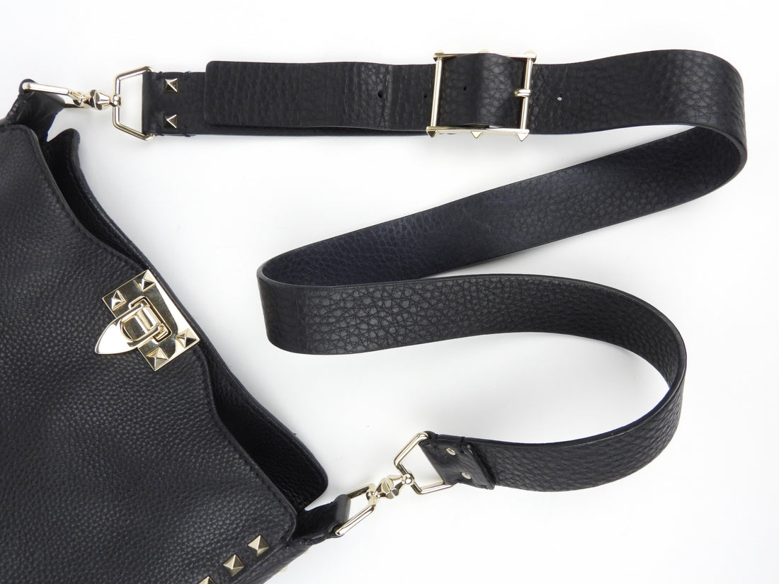Valentino Garavani Black Grained Leather Rockstud Flip Lock Crossbody Messenger Bag