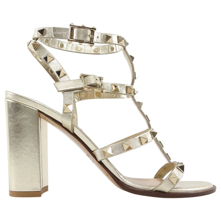 Valentino Gold Metallic Leather Rockstud Cage 90mm Block Heel Sandals - 37