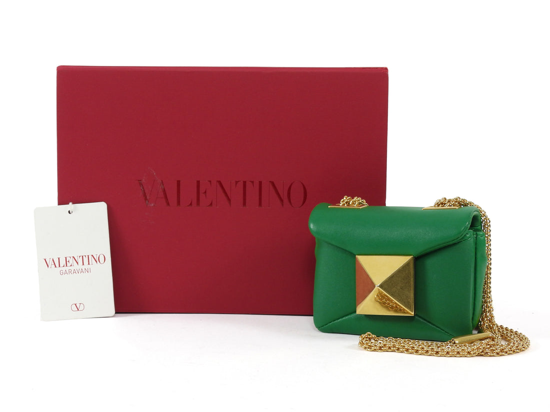 Valentino Green One Stud Nappa Leather Micro Card Holder Chain Bag