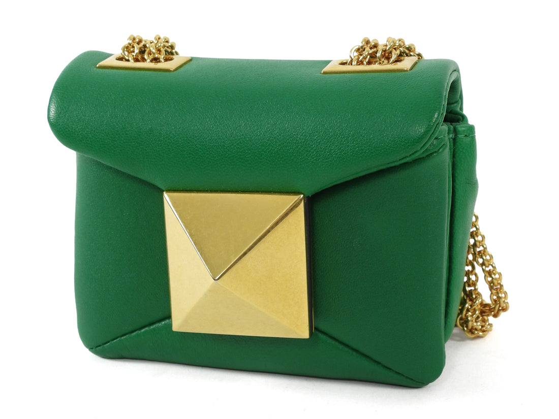 Valentino Green One Stud Nappa Leather Micro Card Holder Chain Bag