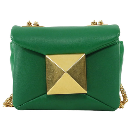 Valentino Green One Stud Nappa Leather Micro Card Holder Chain Bag