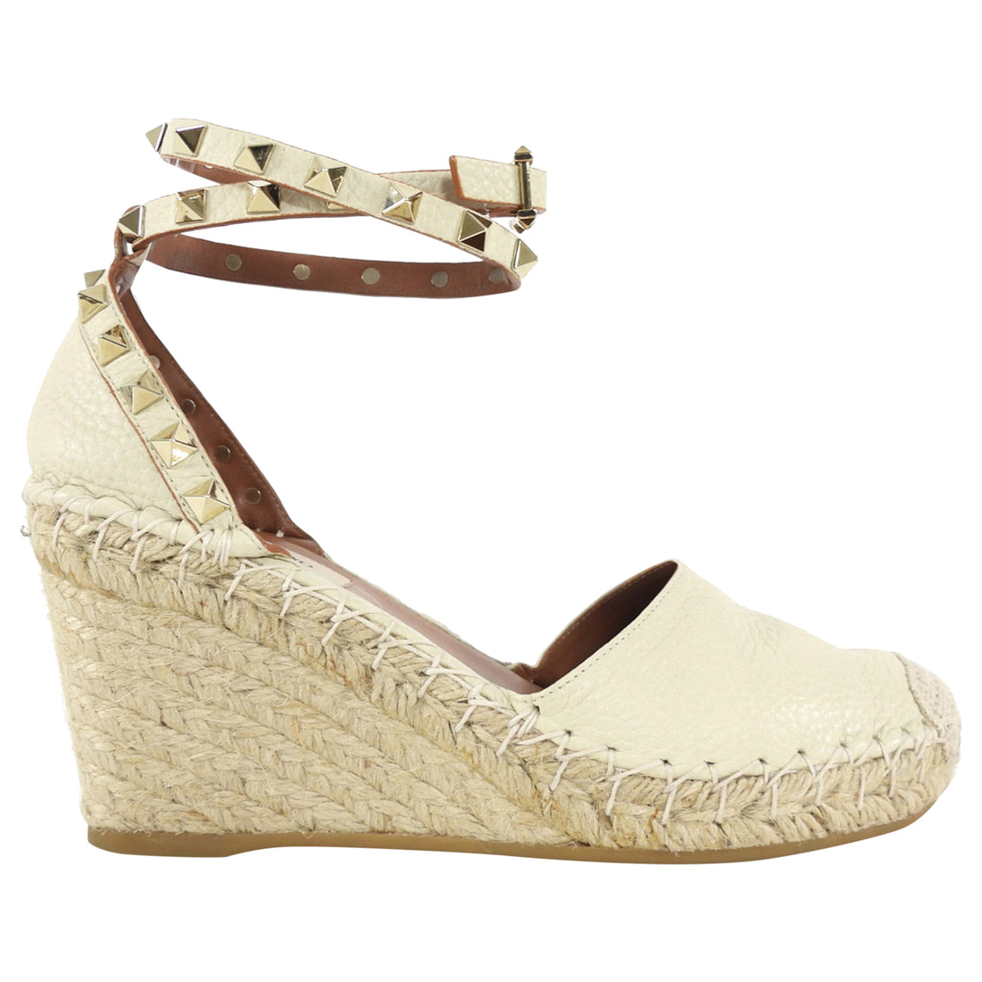 Valentino Rockstud Ankle Wrap Espadrille Wedge Ivory - 35