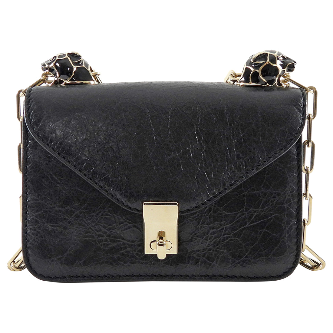 Valentino Black Aged Leather Enamel Panther Heads Chain Flap Bag Mini