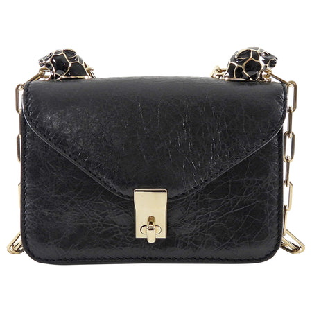 Valentino Black Aged Leather Enamel Panther Heads Chain Flap Bag Mini