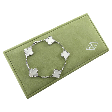 Van Cleef & Arpels Vintage Alhambra 5 Motif 18K White Gold Mother of Pearl Bracelet