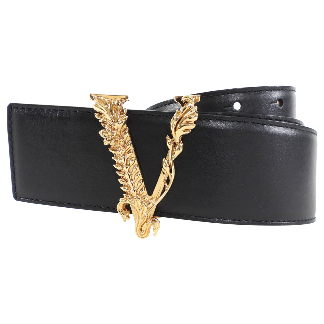 Versace Black Leather Wide Virtus V Logo Belt - 70 / 28