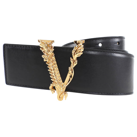 Versace Black Leather Wide Virtus V Logo Belt - 70 / 28