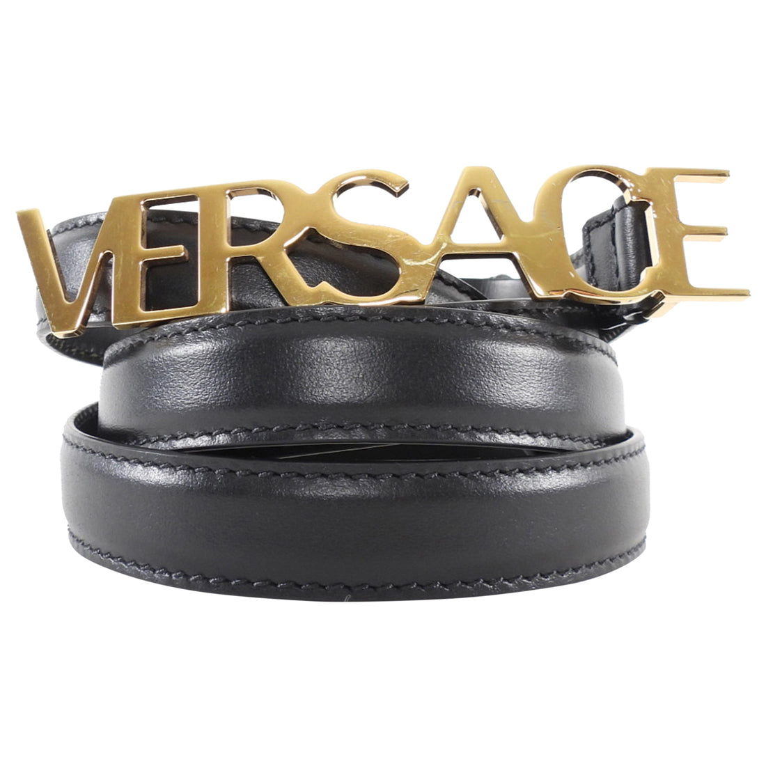 Versace Black Leather Goldtone Text Logo Buckle Belt 115/46