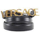 Versace Black Leather Goldtone Text Logo Buckle Belt 115/46