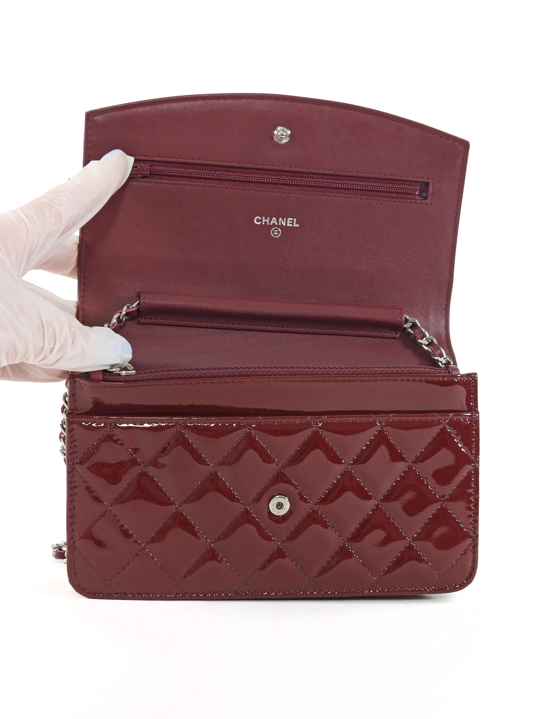 Chanel Burgundy Brilliant CC Patent Leather Wallet on Chain Bag