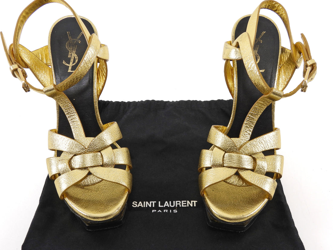 Saint Laurent Gold Metallic Leather Tribute Platform Sandals  - 36