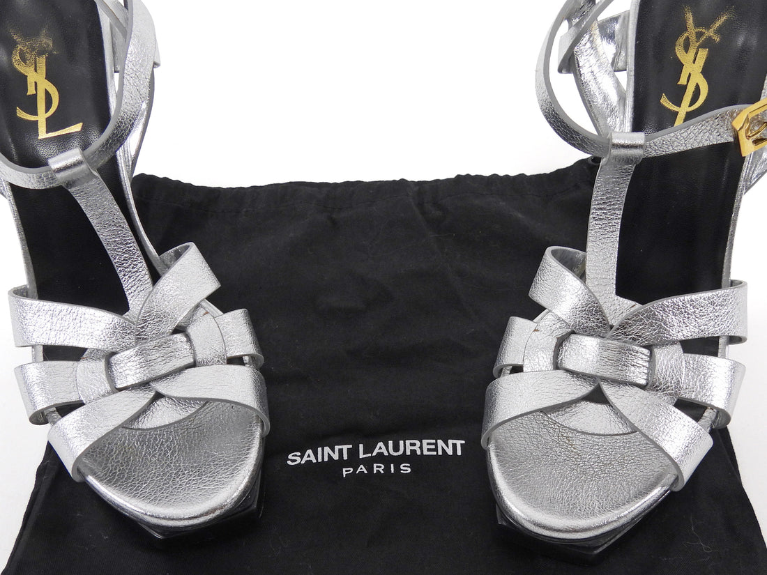 Saint Laurent Silver Metallic Leather Tribute Platform Sandals - 36