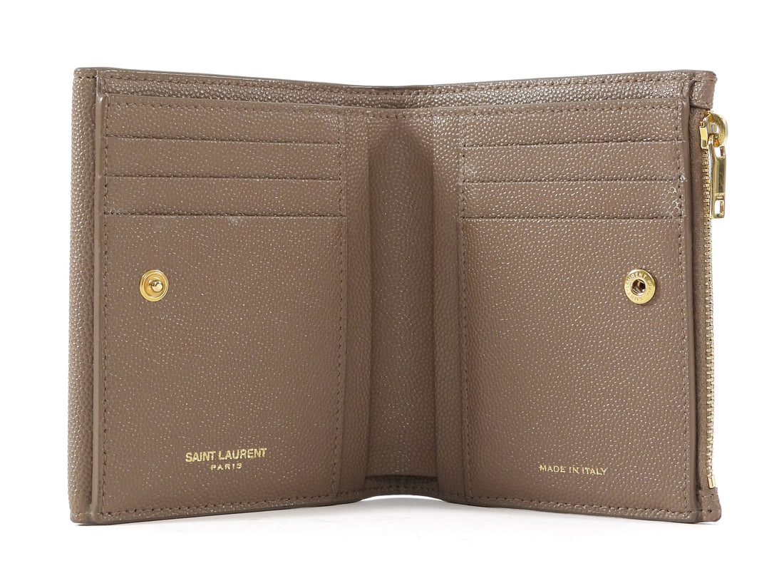 Saint Laurent Taupe Beige Grain de Poudre Monogram Uptown Compact Wallet