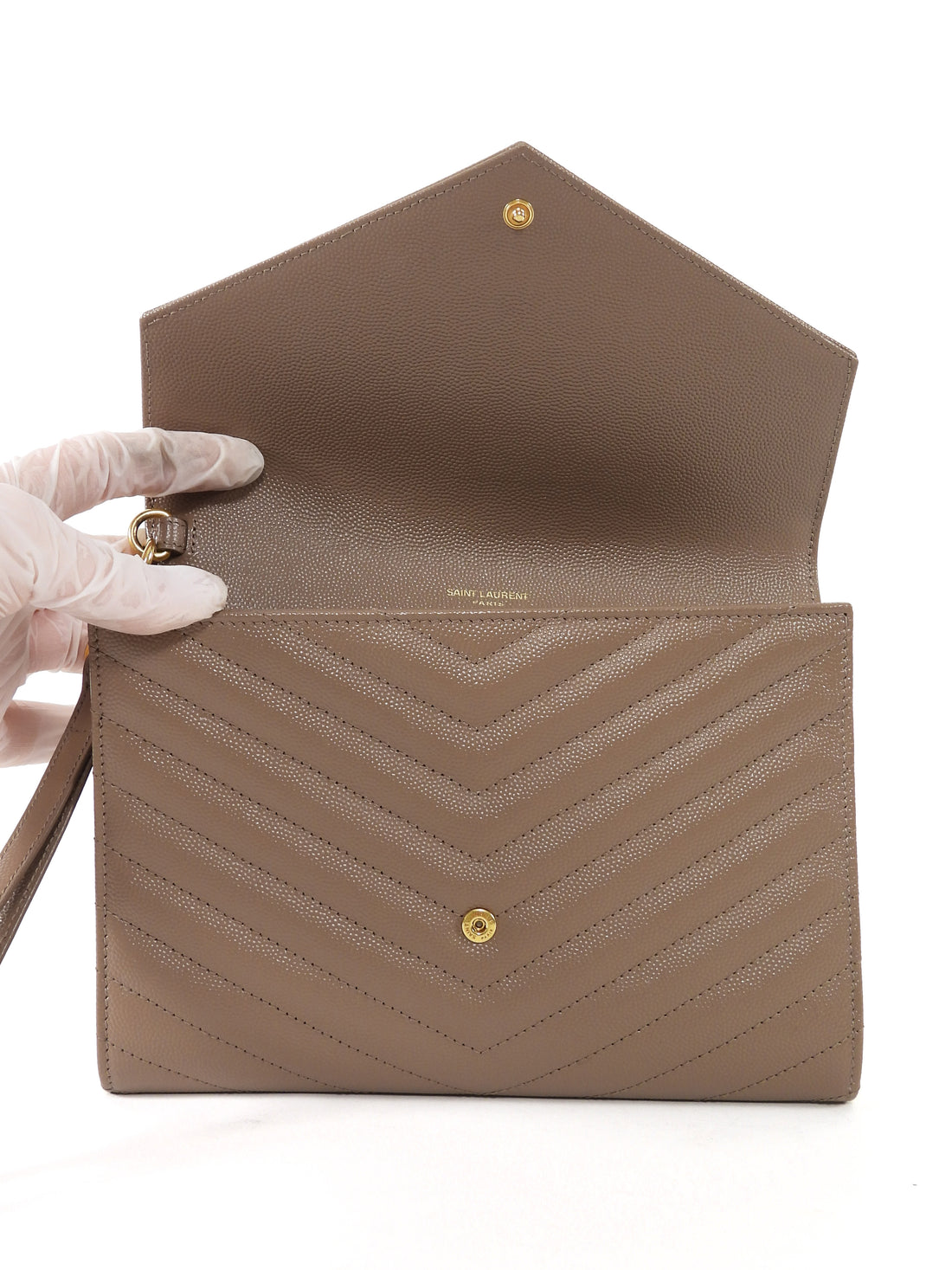 Saint Laurent Taupe Beige Grain de Poudre Matelasse Leather Cassandre Monogram Flap Wristlet Envelope Clutch