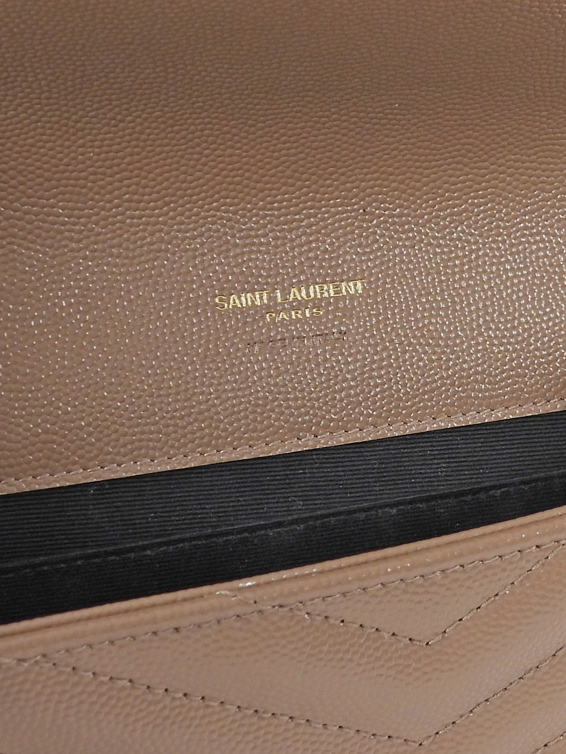 Saint Laurent Taupe Beige Grain de Poudre Matelasse Leather Cassandre Monogram Flap Wristlet Envelope Clutch
