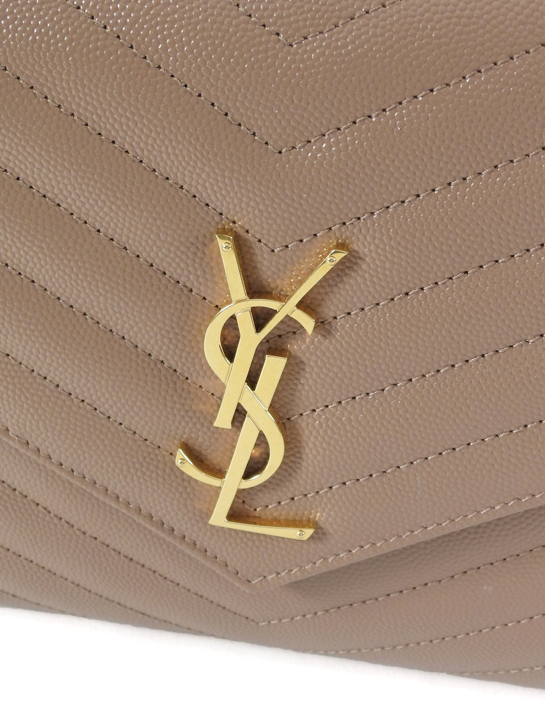 Saint Laurent Taupe Beige Grain de Poudre Matelasse Leather Cassandre Monogram Flap Wristlet Envelope Clutch