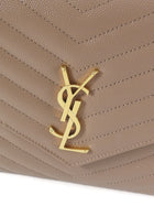 Saint Laurent Taupe Beige Grain de Poudre Matelasse Leather Cassandre Monogram Flap Wristlet Envelope Clutch