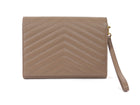 Saint Laurent Taupe Beige Grain de Poudre Matelasse Leather Cassandre Monogram Flap Wristlet Envelope Clutch
