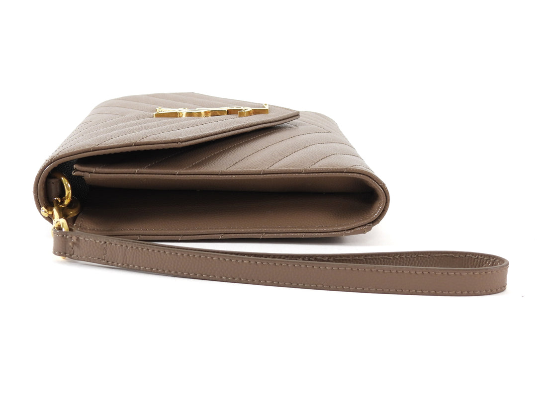 Saint Laurent Taupe Beige Grain de Poudre Matelasse Leather Cassandre Monogram Flap Wristlet Envelope Clutch