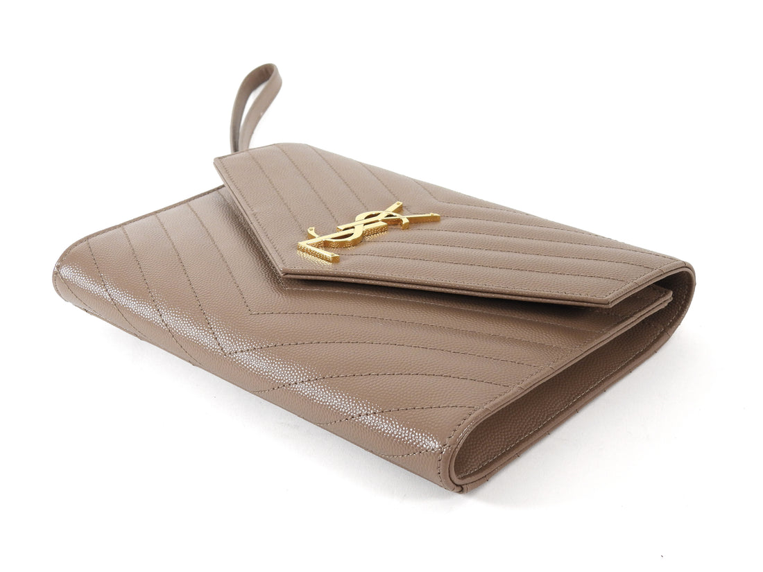 Saint Laurent Taupe Beige Grain de Poudre Matelasse Leather Cassandre Monogram Flap Wristlet Envelope Clutch