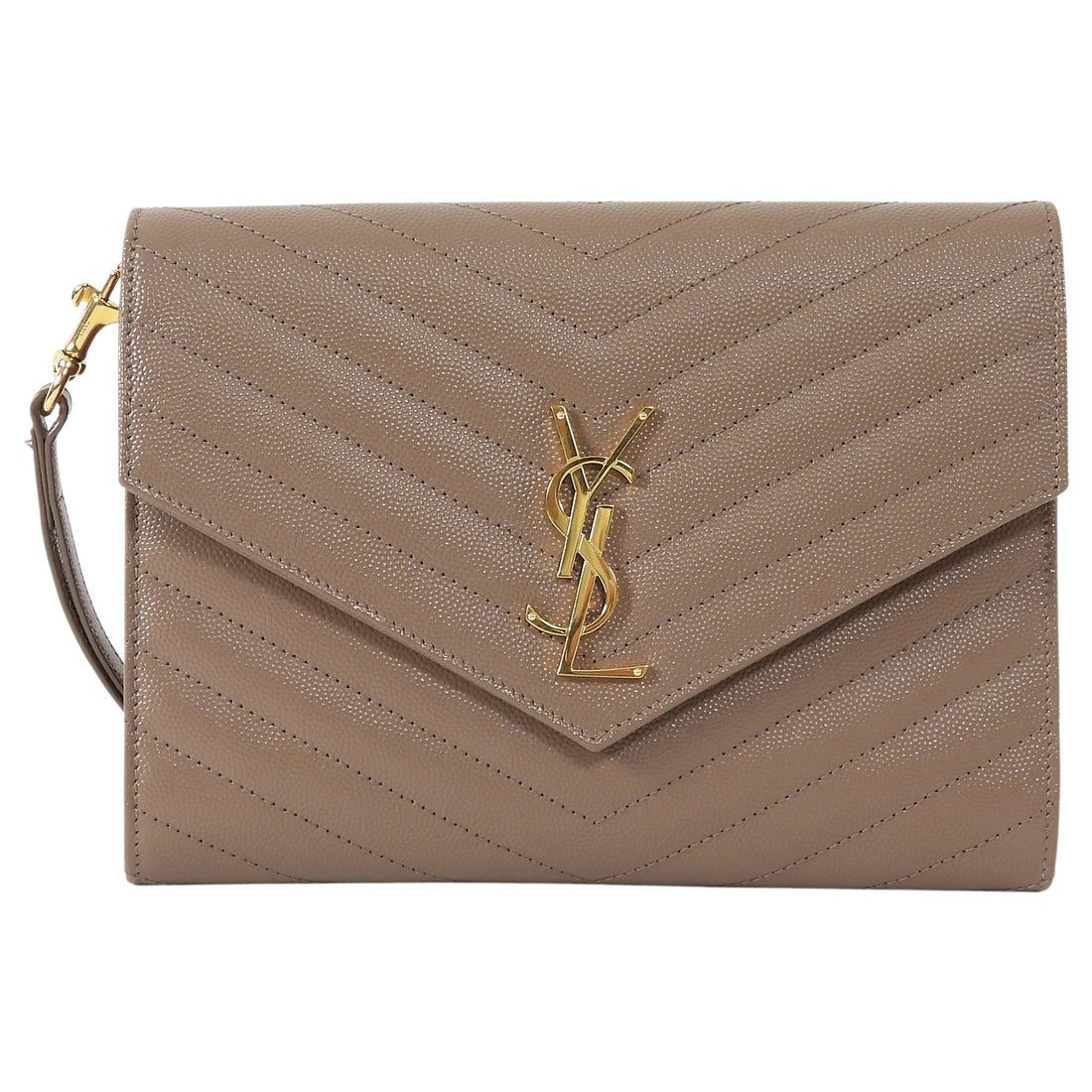 Saint Laurent Taupe Beige Grain de Poudre Matelasse Leather Cassandre Monogram Flap Wristlet Envelope Clutch