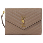 Saint Laurent Taupe Beige Grain de Poudre Matelasse Leather Cassandre Monogram Flap Wristlet Envelope Clutch