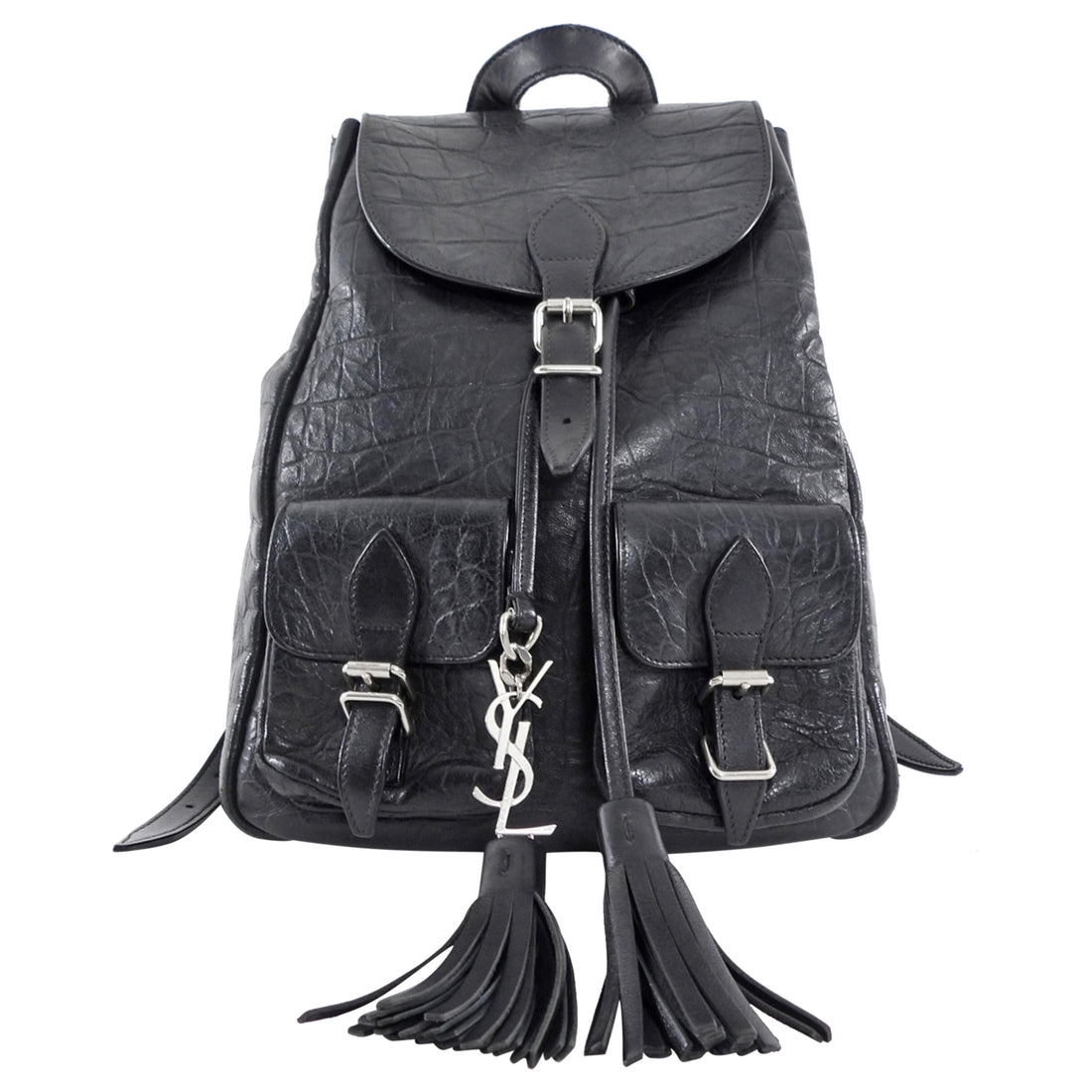 Saint Laurent Black Croc Embossed Leather YSL Tassel Logo Small Festival Backpack