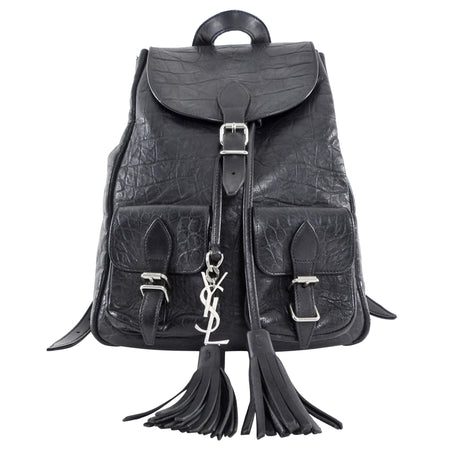 Saint Laurent Black Croc Embossed Leather YSL Tassel Logo Small Festival Backpack
