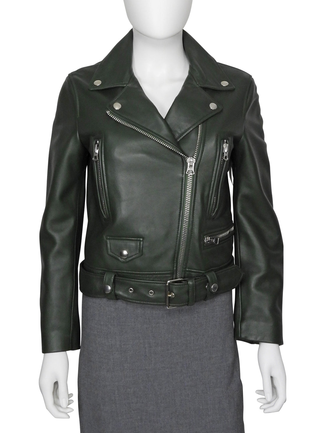 Acne Studios Green Lamb Leather Mock Biker Jacket - 36