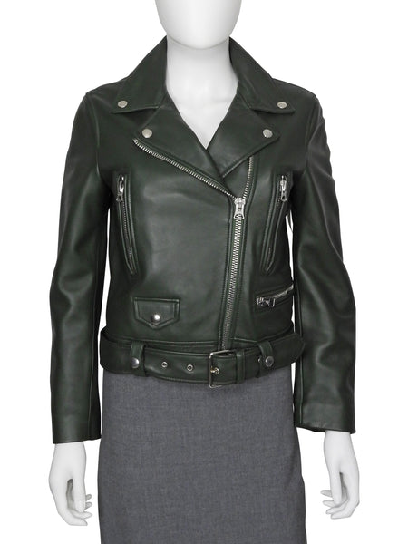 Acne Studios Green Lamb Leather Mock Biker Jacket - 36
