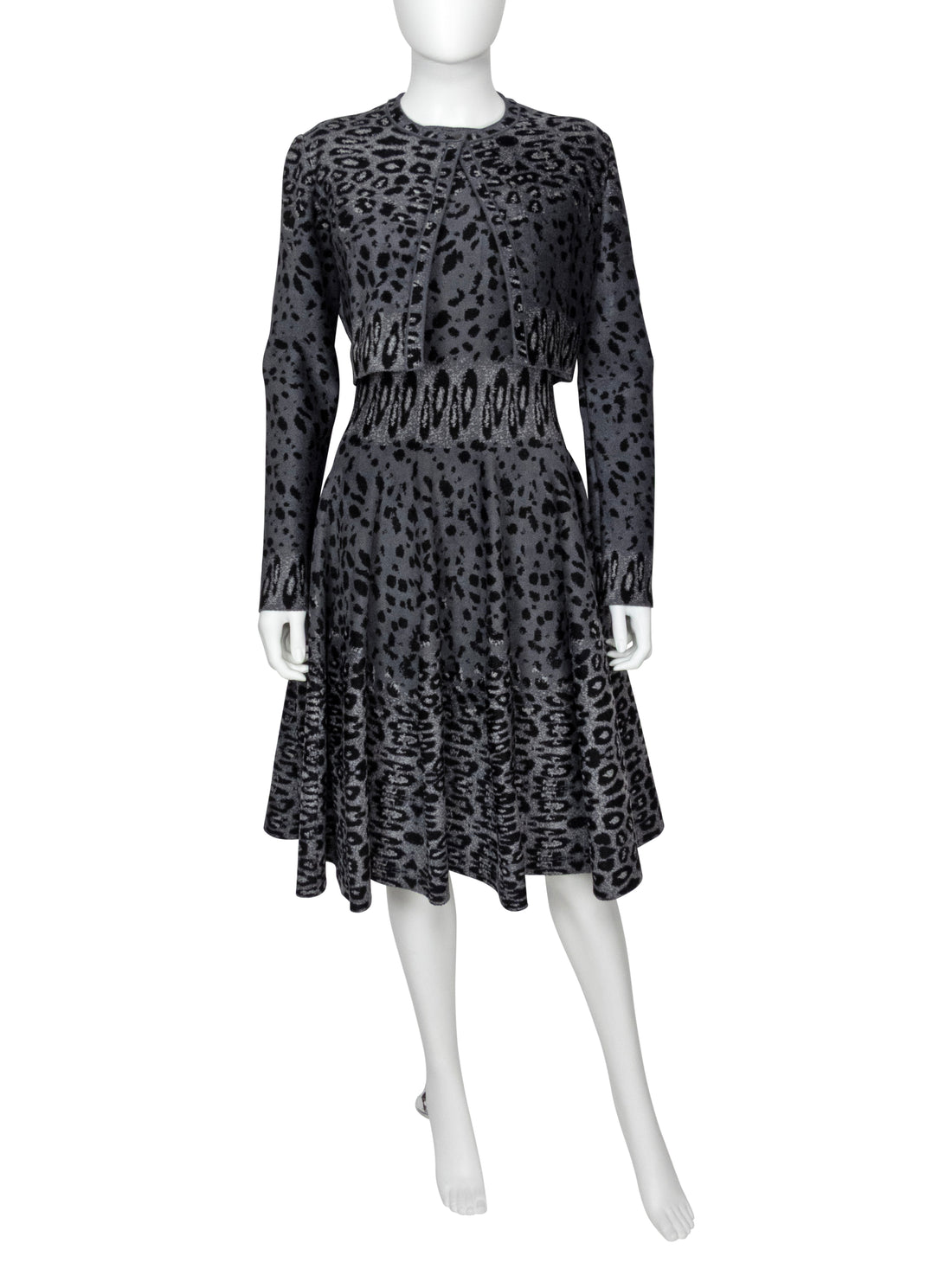 Alaia Grey Animal Print Velour Stretch Knit Sleeveless Dress with Crop Jacket - 40