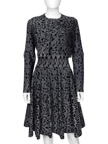 Alaia Grey Animal Print Velour Stretch Knit Sleeveless Dress with Crop Jacket - 40
