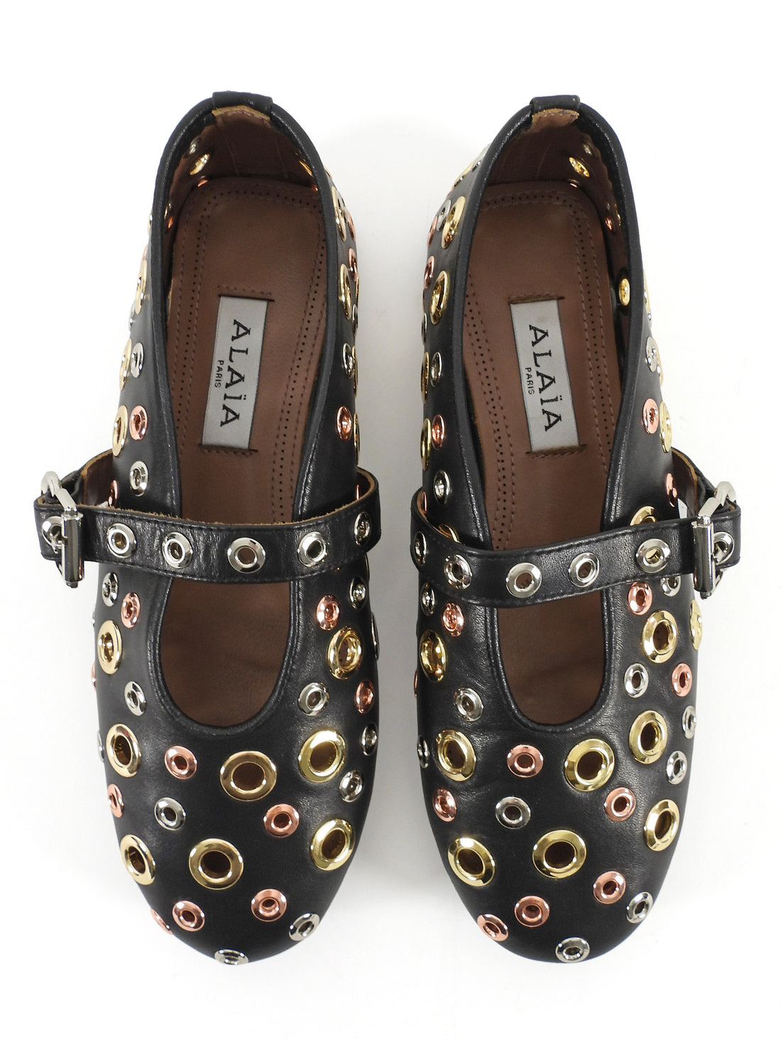 Alaia Black Leather Mixed Metal Eyelet Mary Jane Ballet Flats -36