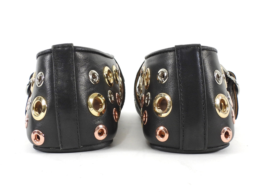 Alaia Black Leather Mixed Metal Eyelet Mary Jane Ballet Flats -36