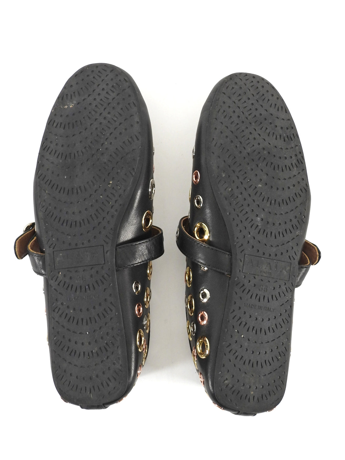 Alaia Black Leather Mixed Metal Eyelet Mary Jane Ballet Flats -36