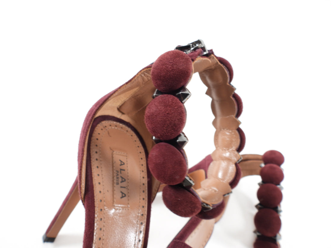 Alaia Burgundy Suede Stud Sandal High Heels - 8