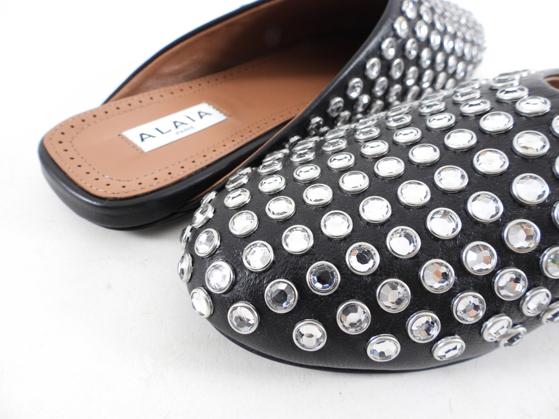 Alaia Black Leather Crystal Stud Flat Mules - 37