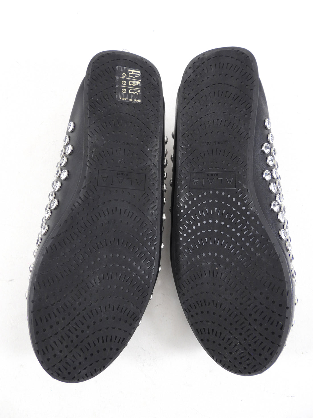 Alaia Black Leather Crystal Stud Flat Mules - 37