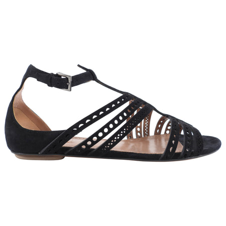 Alaia Black Suede Flat T-strap Sandals - 38 / 8.5