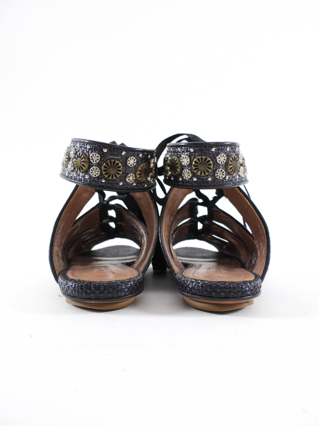 Alaia Black Textured Leather Stud Flat Sandals - 38