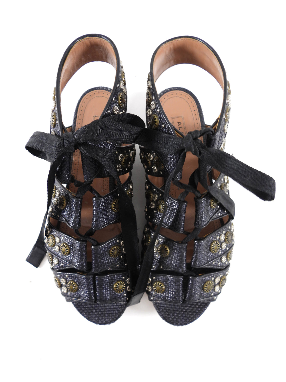 Alaia Black Textured Leather Stud Flat Sandals - 38