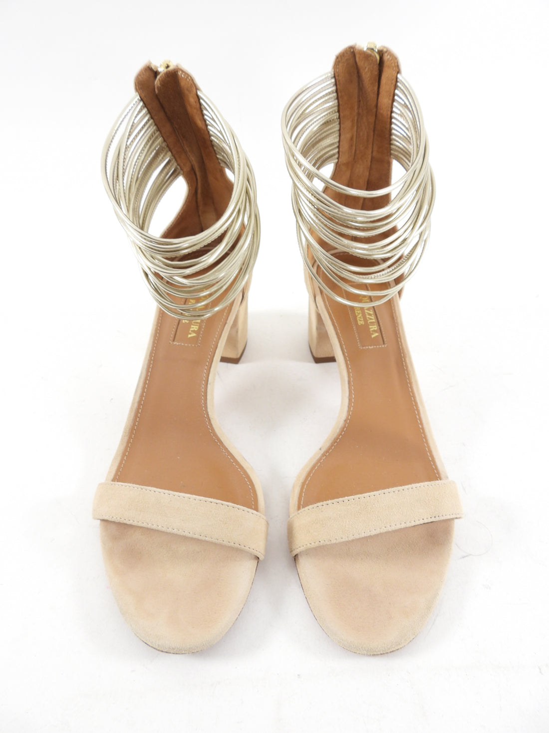 Aquazzura Beige Suede Sandal with Gold Ankle Strap - EU37